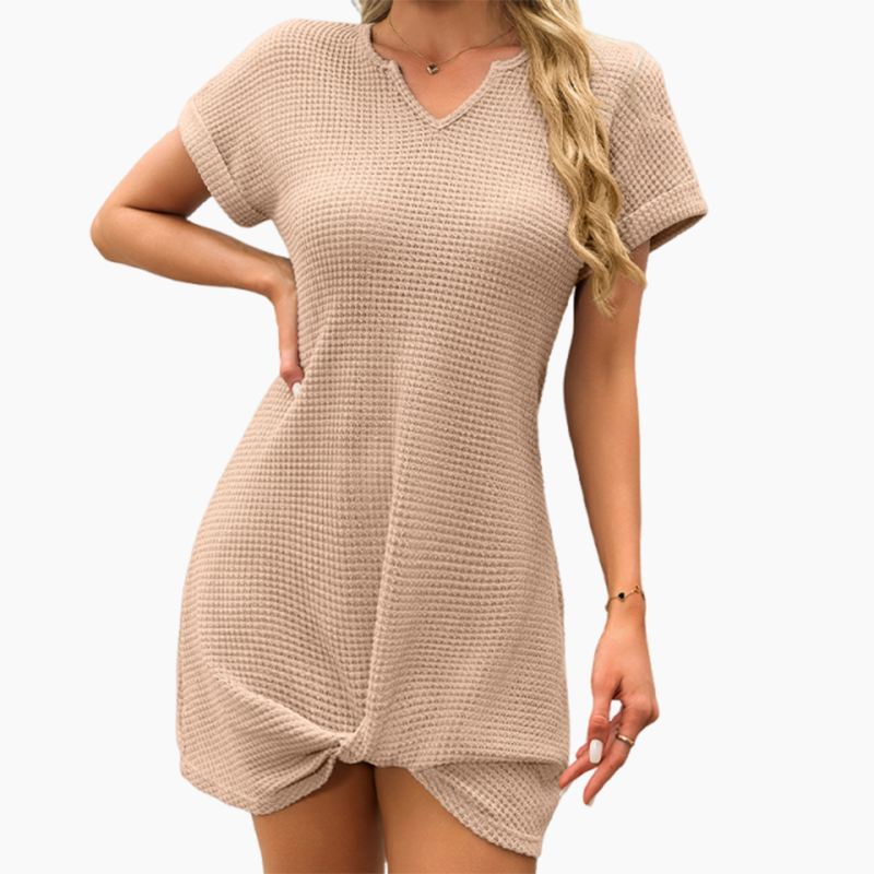 ✨👗Mini-vestido feminino de manga curta e decote em V