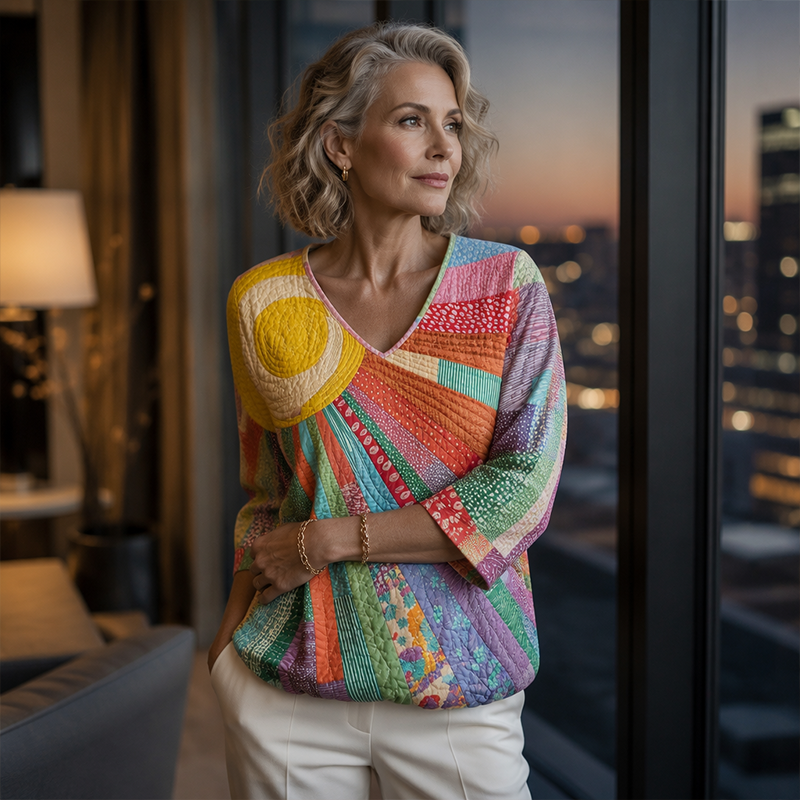 ✨👚Blusa feminina retro com decote em V e padrão patchwork