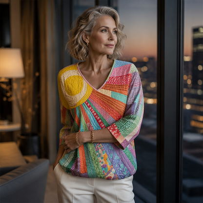 ✨👚Blusa feminina retro com decote em V e padrão patchwork