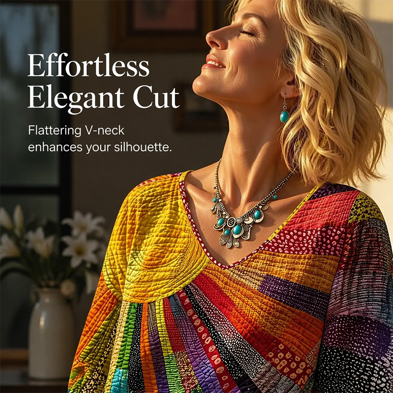 ✨👚Blusa feminina retro com decote em V e padrão patchwork