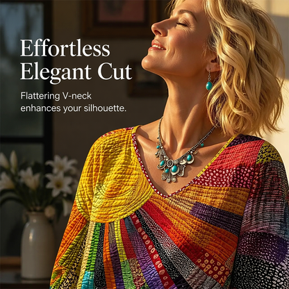 ✨👚Blusa feminina retro com decote em V e padrão patchwork