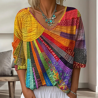 ✨👚Blusa feminina retro com decote em V e padrão patchwork