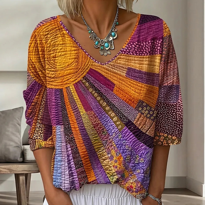 ✨👚Blusa feminina retro com decote em V e padrão patchwork