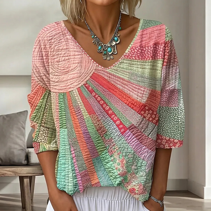 ✨👚Blusa feminina retro com decote em V e padrão patchwork