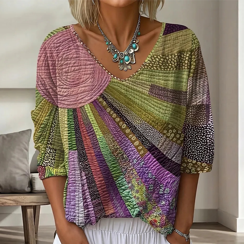 ✨👚Blusa feminina retro com decote em V e padrão patchwork