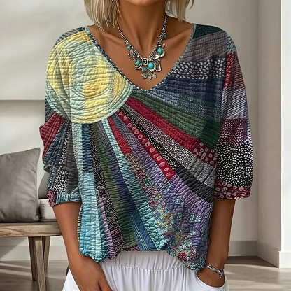 ✨👚Blusa feminina retro com decote em V e padrão patchwork