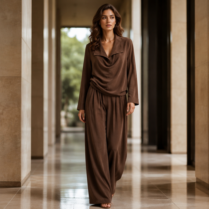✨👗Conjunto feminino de top casual com gola cowl e calças de perna larga