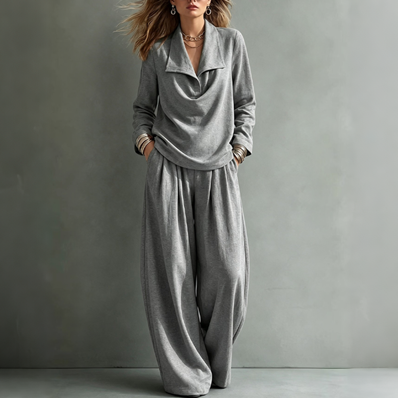 ✨👗Conjunto feminino de top casual com gola cowl e calças de perna larga