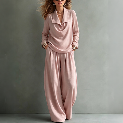 ✨👗Conjunto feminino de top casual com gola cowl e calças de perna larga