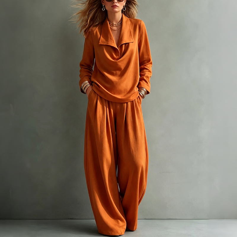 ✨👗Conjunto feminino de top casual com gola cowl e calças de perna larga