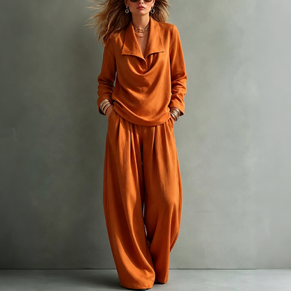 ✨👗Conjunto feminino de top casual com gola cowl e calças de perna larga