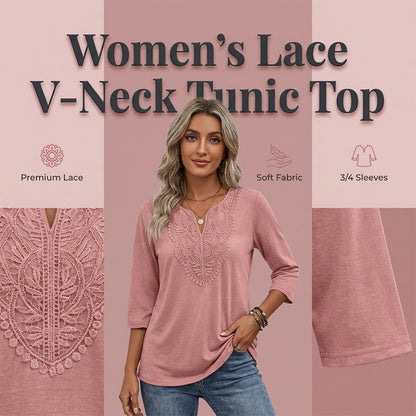 ✨👚Túnica feminina com decote em V, acabamento em renda e mangas 3/4