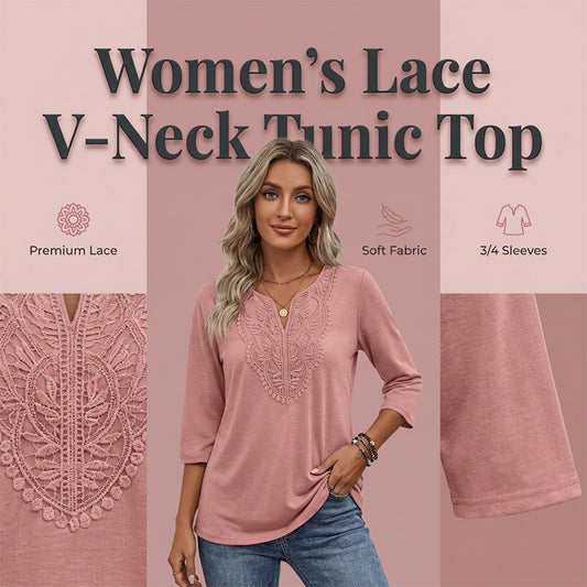 ✨👚Túnica feminina com decote em V, acabamento em renda e mangas 3/4