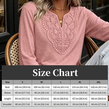 ✨👚Túnica feminina com decote em V, acabamento em renda e mangas 3/4