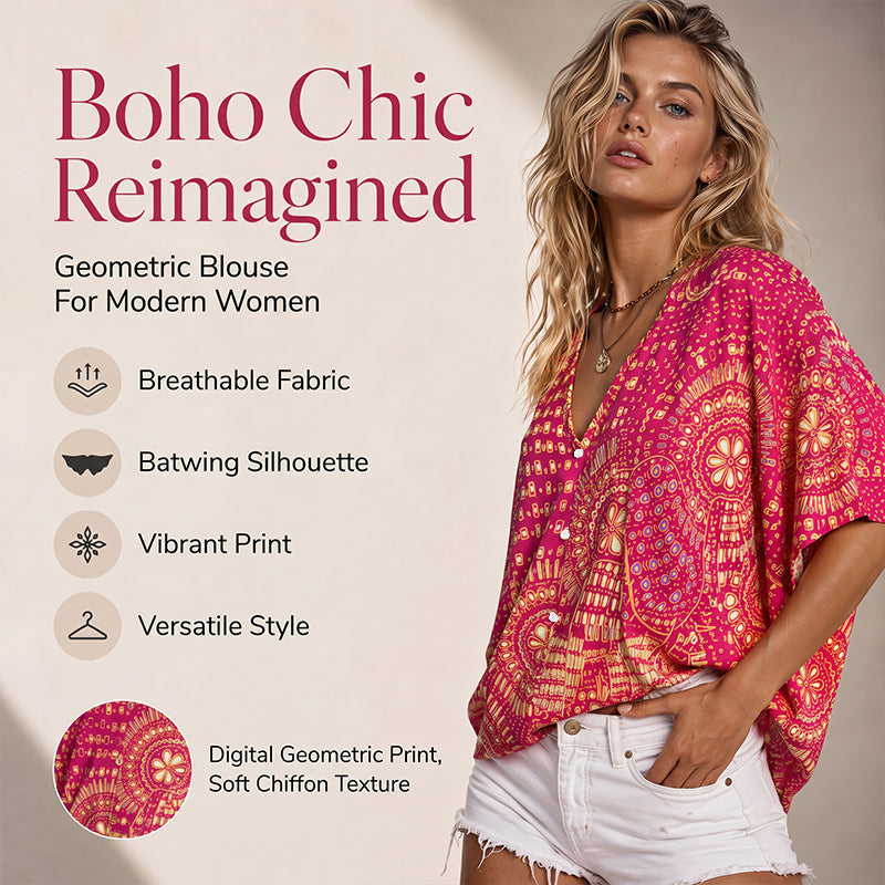 ✨👚Top feminino com decote em V, padrão boho e mangas em forma de asa de morcego