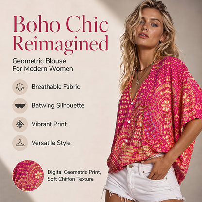 ✨👚Top feminino com decote em V, padrão boho e mangas em forma de asa de morcego