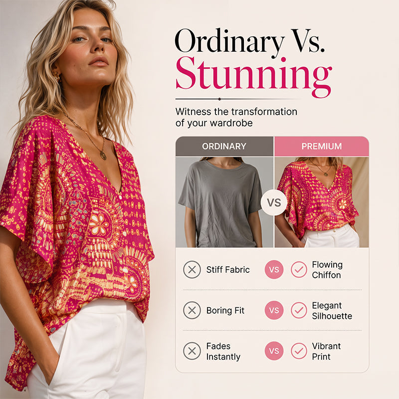 ✨👚Top feminino com decote em V, padrão boho e mangas em forma de asa de morcego