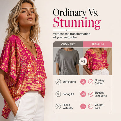 ✨👚Top feminino com decote em V, padrão boho e mangas em forma de asa de morcego