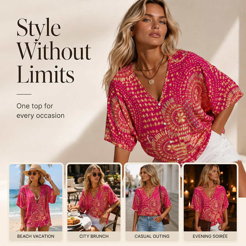 ✨👚Top feminino com decote em V, padrão boho e mangas em forma de asa de morcego