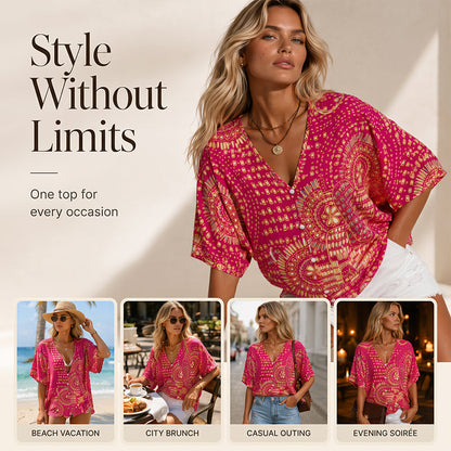 ✨👚Top feminino com decote em V, padrão boho e mangas em forma de asa de morcego