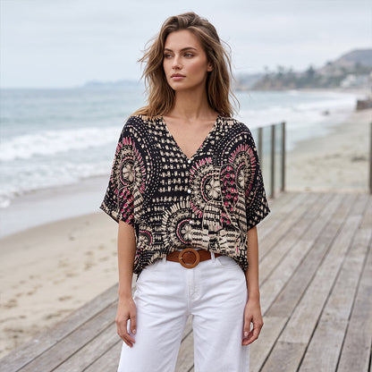 ✨👚Top feminino com decote em V, padrão boho e mangas em forma de asa de morcego
