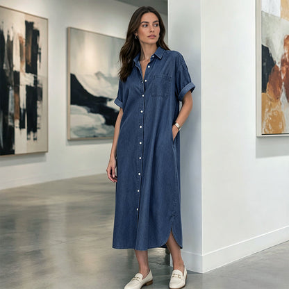 ✨👗Vestido de ganga feminino de corte largo com botões