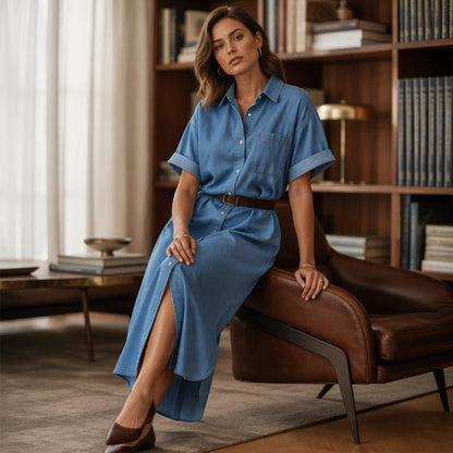 ✨👗Vestido de ganga feminino de corte largo com botões