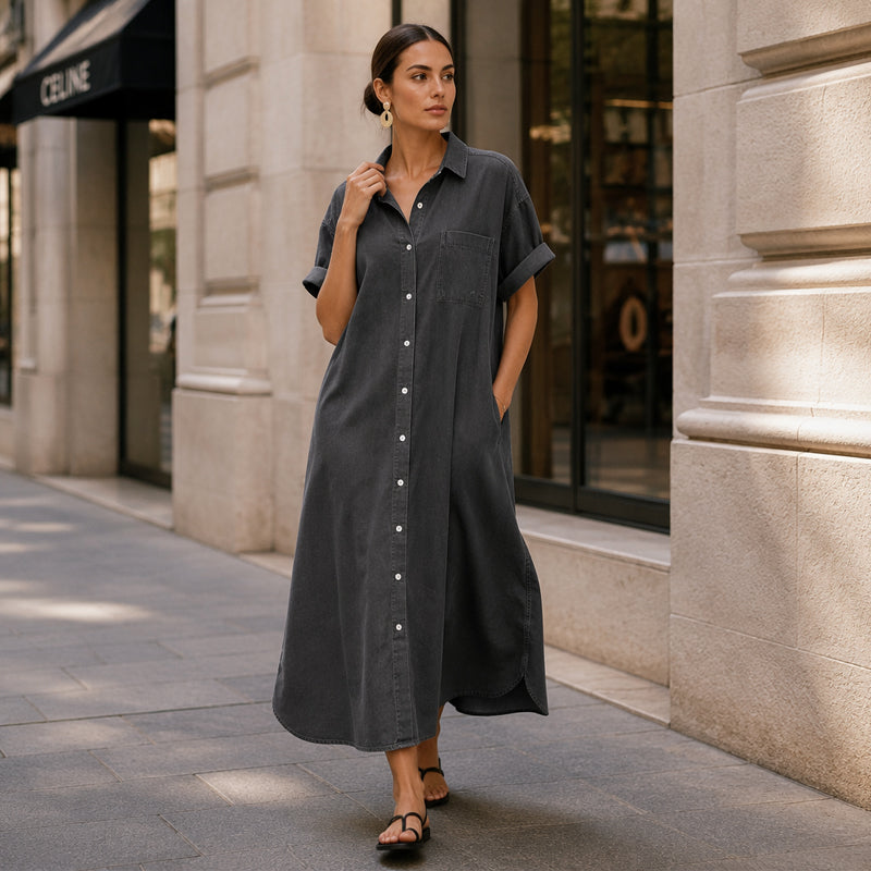 ✨👗Vestido de ganga feminino de corte largo com botões