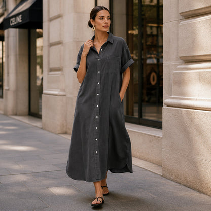 ✨👗Vestido de ganga feminino de corte largo com botões