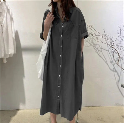 ✨👗Vestido de ganga feminino de corte largo com botões