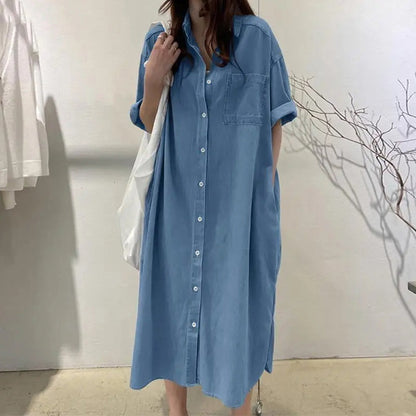 ✨👗Vestido de ganga feminino de corte largo com botões