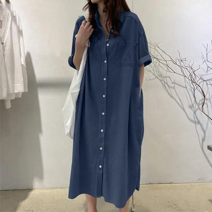 ✨👗Vestido de ganga feminino de corte largo com botões