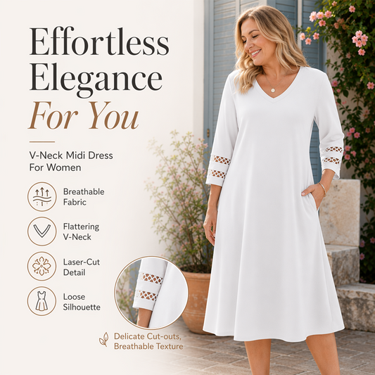 ✨👗Vestido midi com decote em V – Corte descontraído e caimento suave para qualquer ocasião