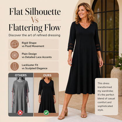 ☀️👗Top Pick - V-Neck Midi Dress – Relaxed Fit & Soft Drape for Any Occasion