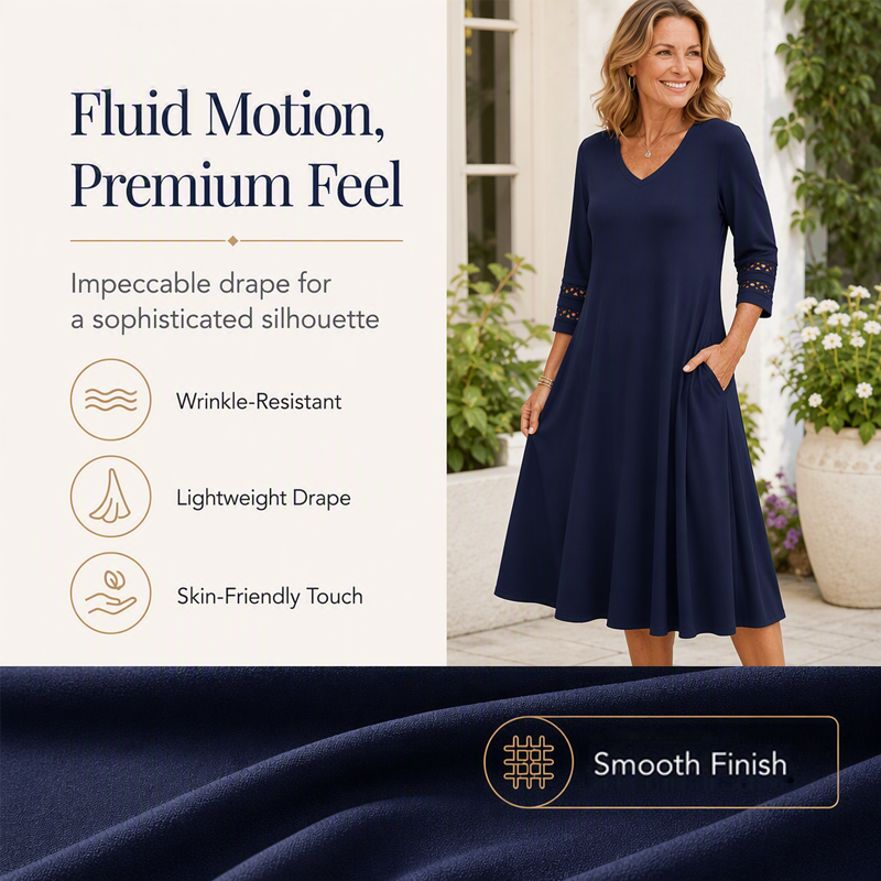 ☀️👗Top Pick - V-Neck Midi Dress – Relaxed Fit & Soft Drape for Any Occasion