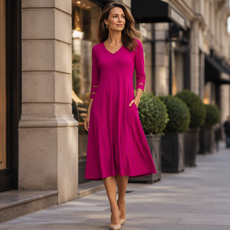 ☀️👗Top Pick - V-Neck Midi Dress – Relaxed Fit & Soft Drape for Any Occasion
