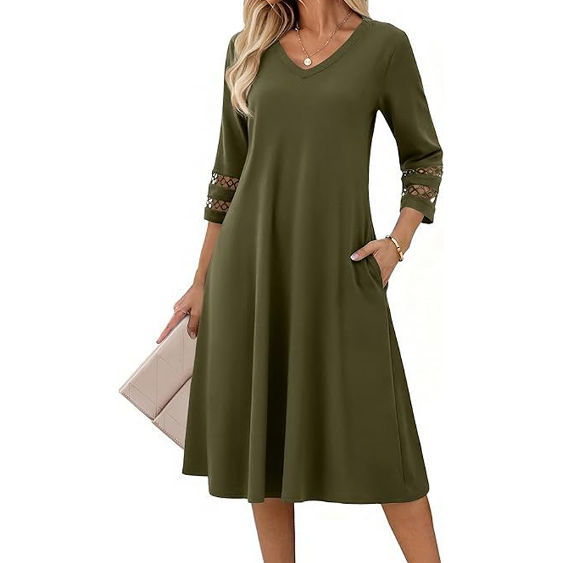 ☀️👗Top Pick - V-Neck Midi Dress – Relaxed Fit & Soft Drape for Any Occasion