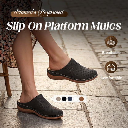 Mules femininas com plataforma e design perfurado, sem atacadores