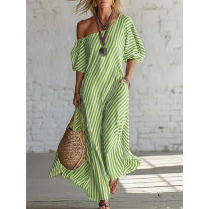 ✨👗Vestido maxi feminino de um ombro só com riscas
