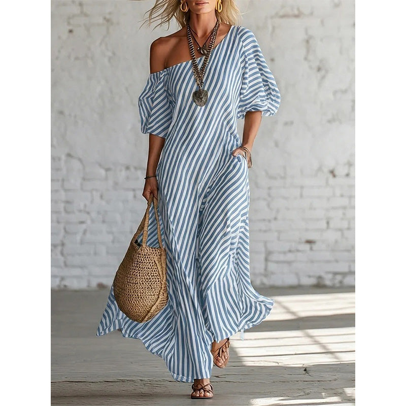 ✨👗Vestido maxi feminino de um ombro só com riscas
