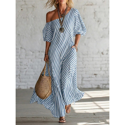 ✨👗Vestido maxi feminino de um ombro só com riscas
