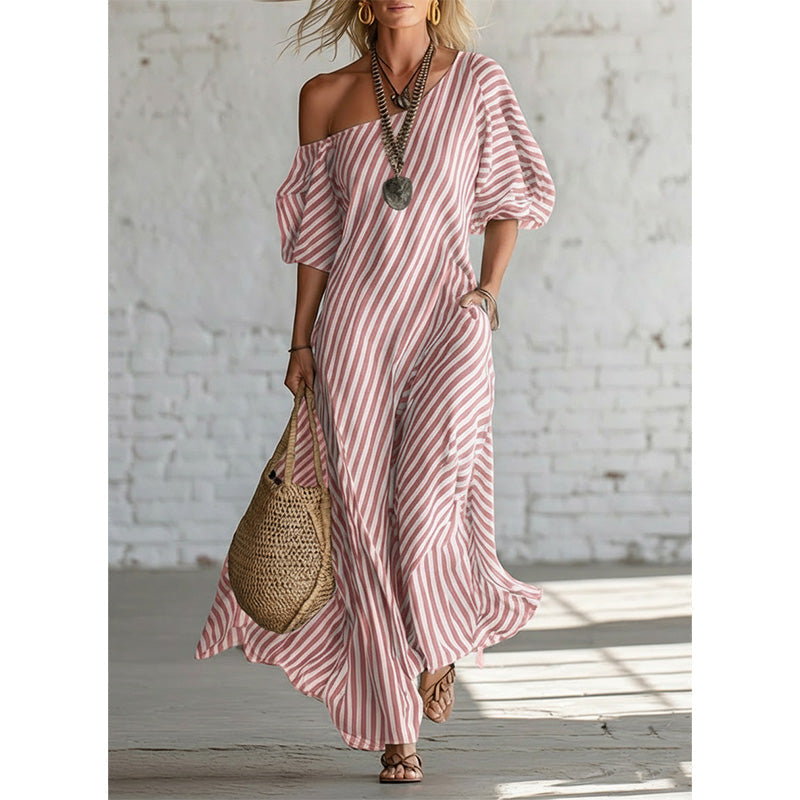 ✨👗Vestido maxi feminino de um ombro só com riscas
