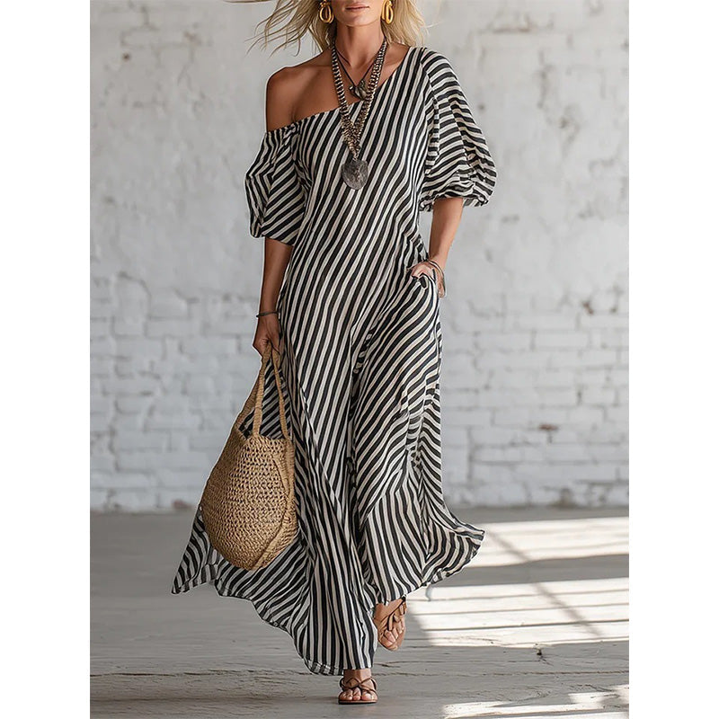 ✨👗Vestido maxi feminino de um ombro só com riscas