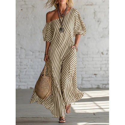 ✨👗Vestido maxi feminino de um ombro só com riscas