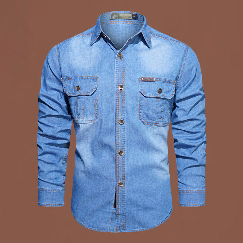 Camisa casual de ganga de manga comprida para homem 