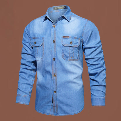 Camisa casual de ganga de manga comprida para homem 