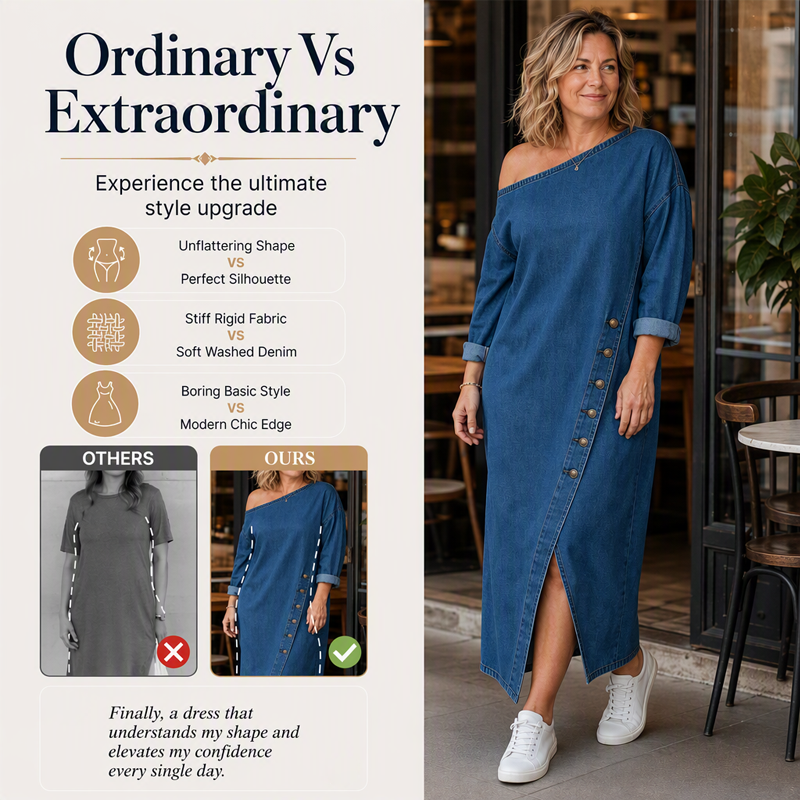 ✨🛍️Novidade - Vestido de ganga com ombros à mostra – Corte descontraído e moderno
