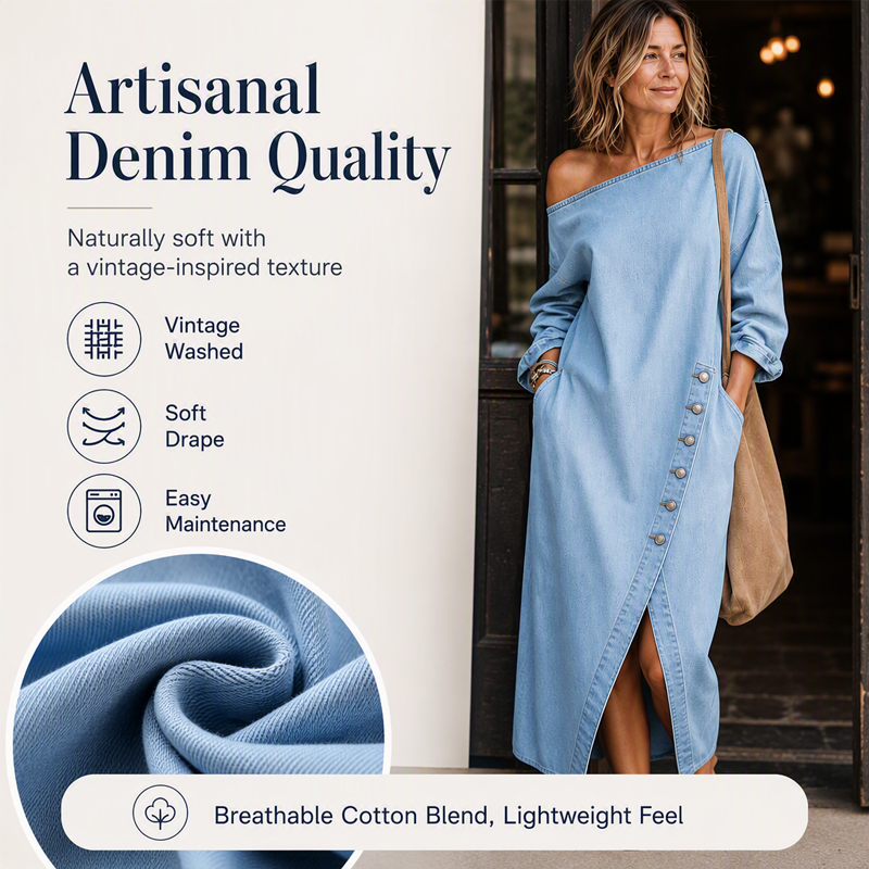 ✨🛍️Novidade - Vestido de ganga com ombros à mostra – Corte descontraído e moderno