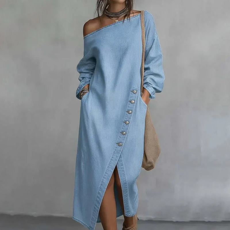 ✨🛍️Novidade - Vestido de ganga com ombros à mostra – Corte descontraído e moderno