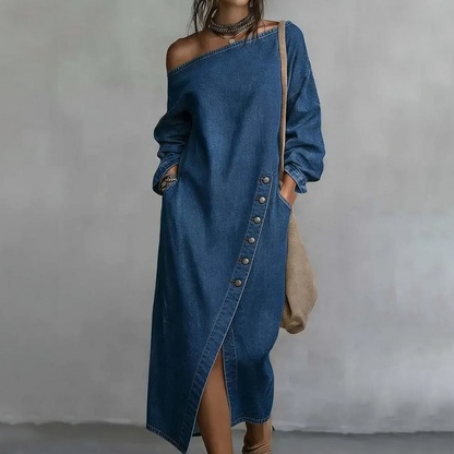 ✨🛍️Novidade - Vestido de ganga com ombros à mostra – Corte descontraído e moderno
